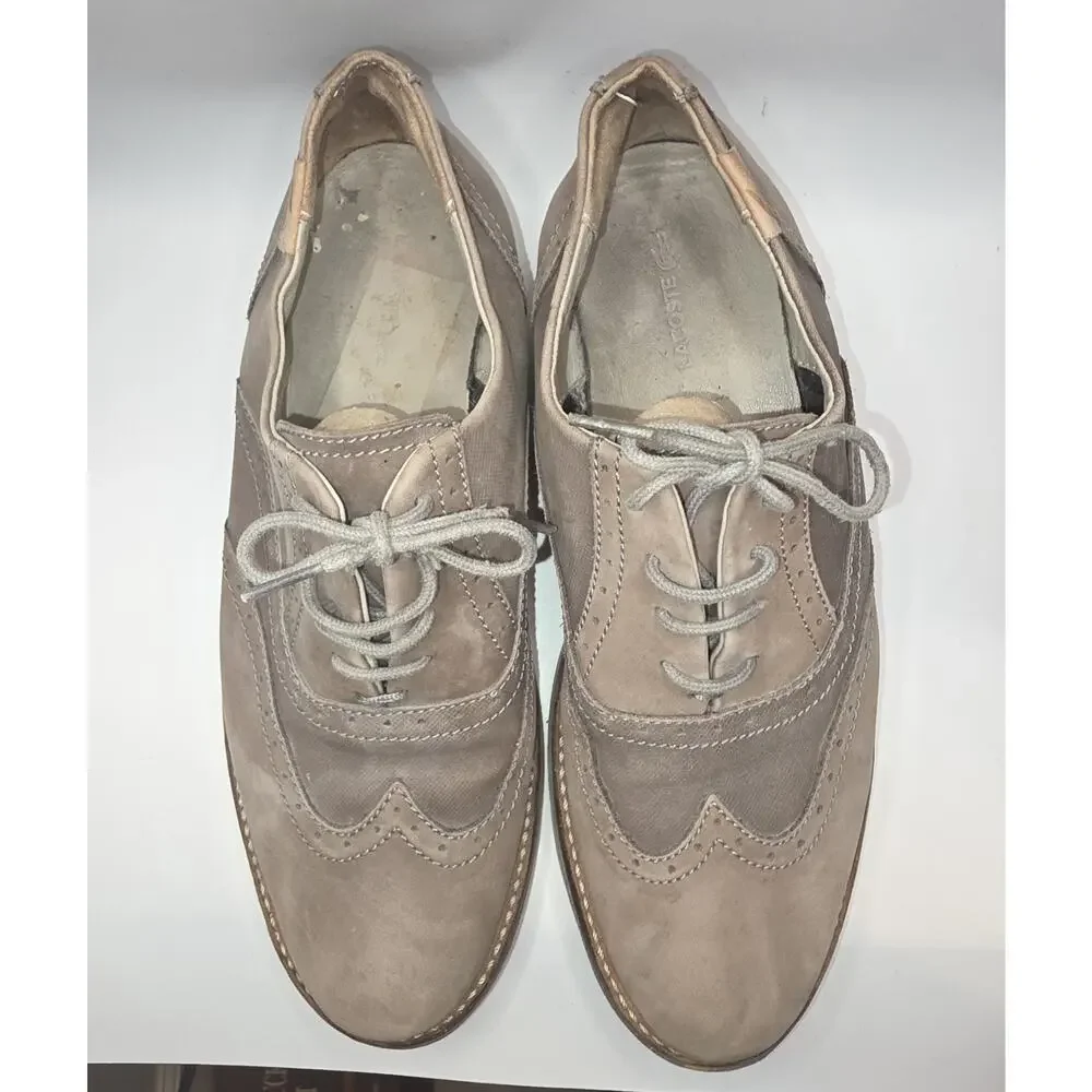 Lacoste Mens Size US 9 Suede Oxford Dress Shoes Beige Tan Wingtip Casual Lace Up
